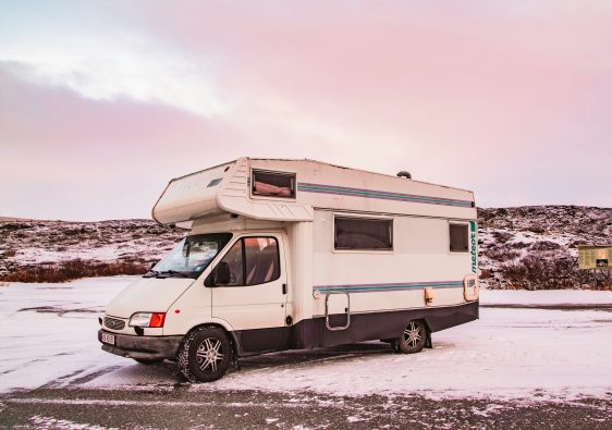 class c rv parked in the snow